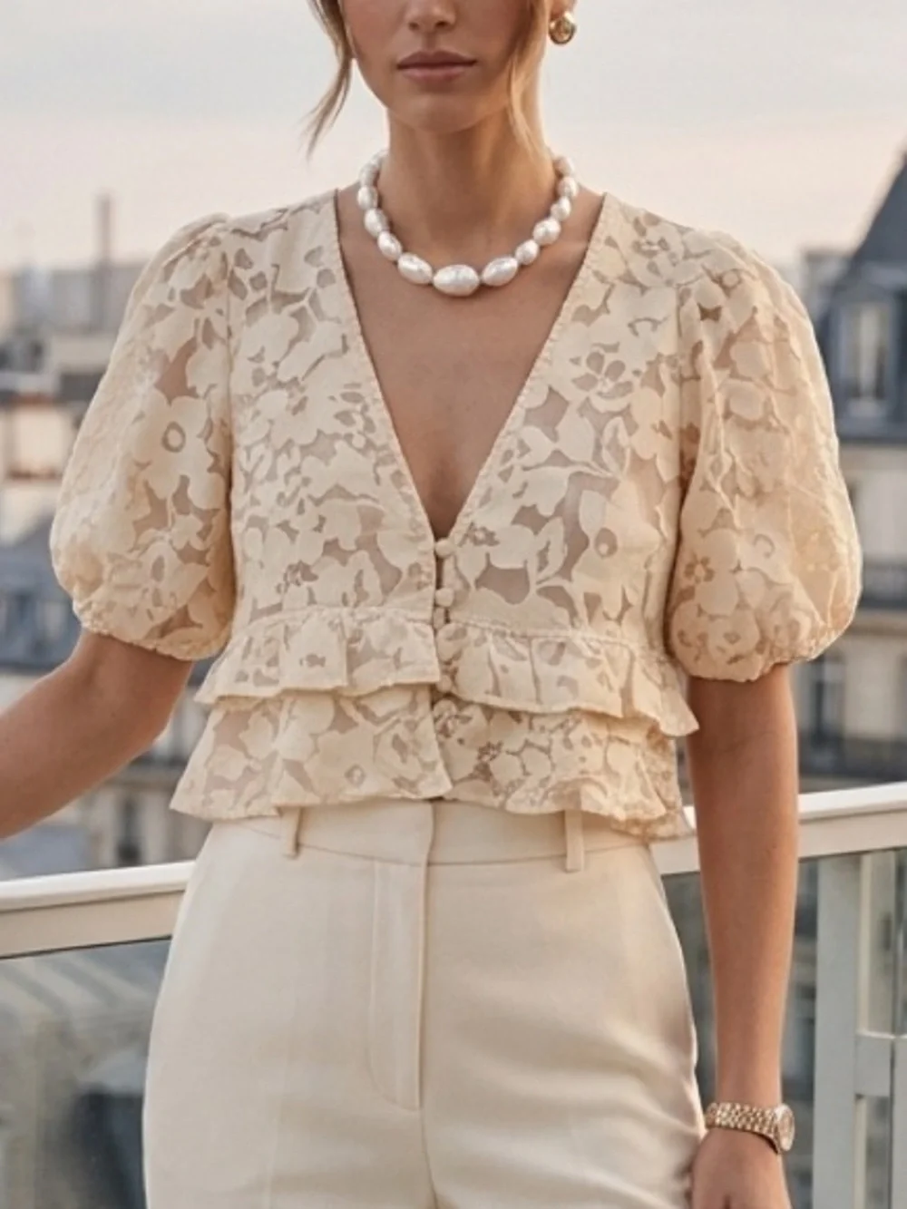 Zara Cream Floral Lace Burnout Puff Sleeve Ruffle Crop‎ Top Small V-Neck Button